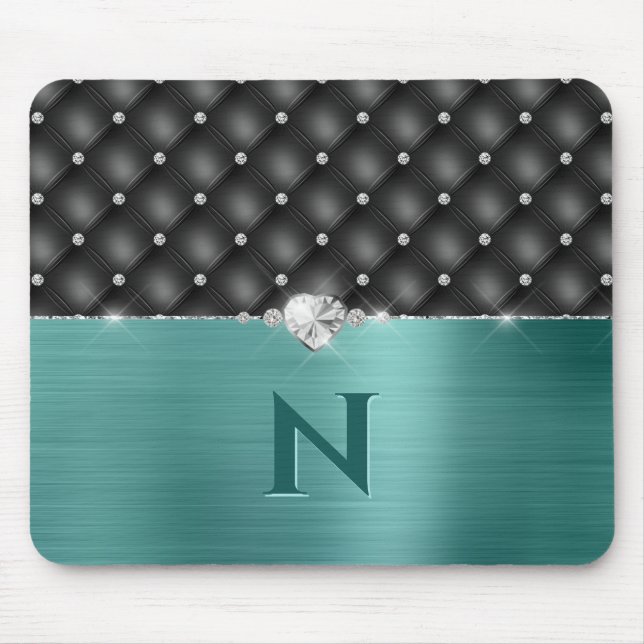 Teal Faux Metal Glam Upholstery and Monogram Mouse Mat (Front)