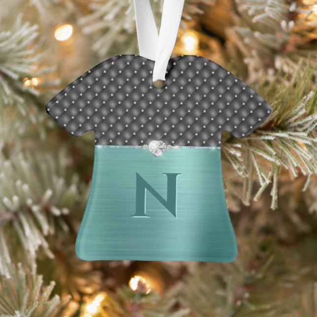 Teal Faux Metal Glam Upholstery and Monogram Ornament (Tree)