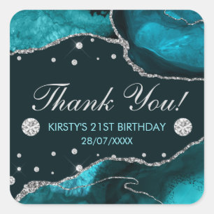Teal & Faux Silver Glitter Agate Birthday Square Sticker