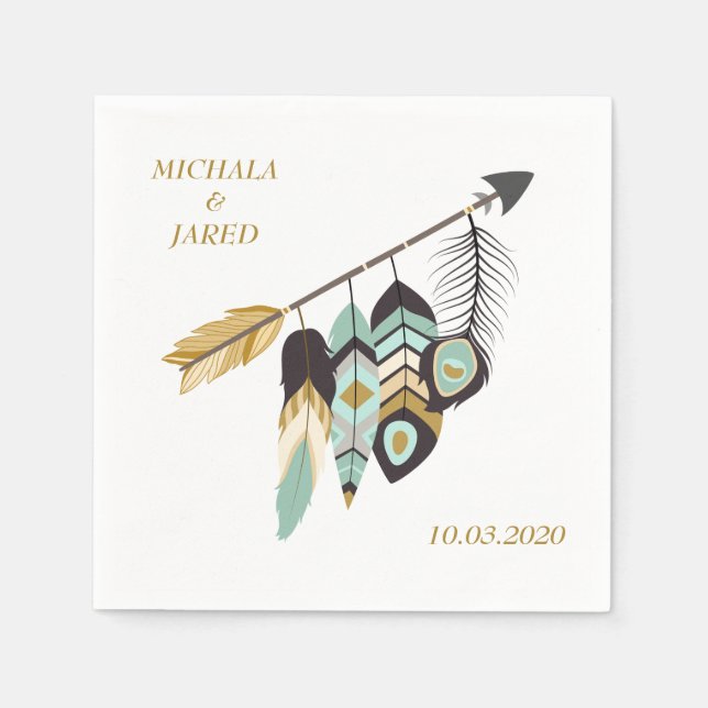 Teal Feather Arrow Wedding Napkin (Front)