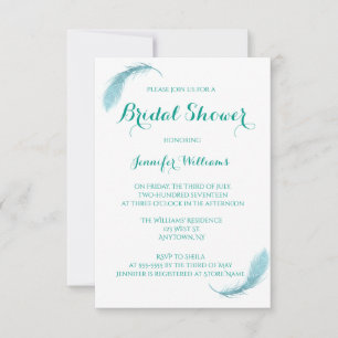 Teal feather bridal shower invitations