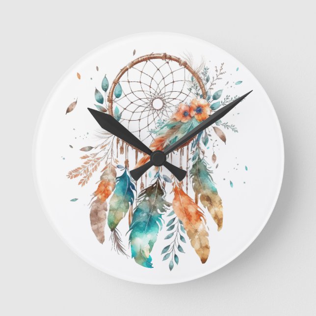 Teal Feather Watercolor Dreamcatcher Round Clock (Front)