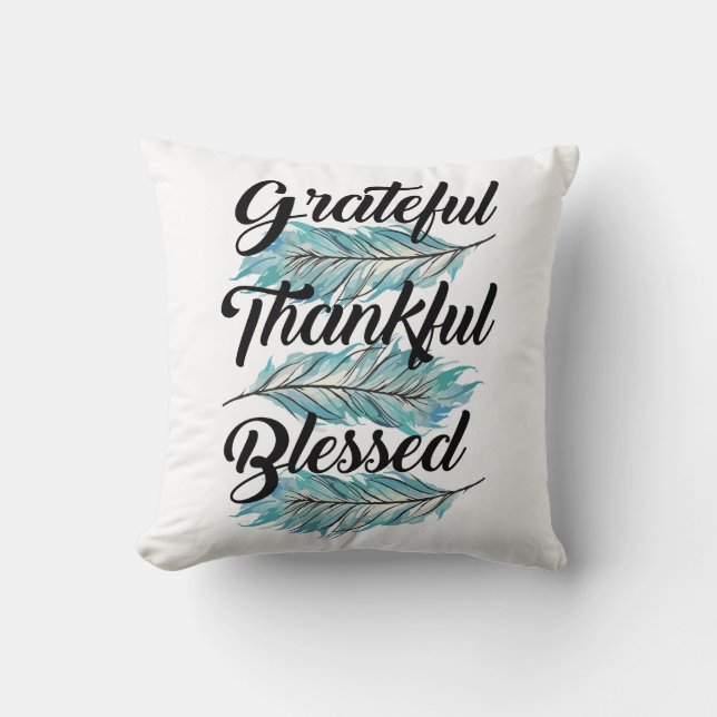 teal feathers grateful thankful blessed pilow cushion (Front)