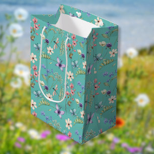 Teal Feminine Watercolor Wildflower Pattern   Medium Gift Bag
