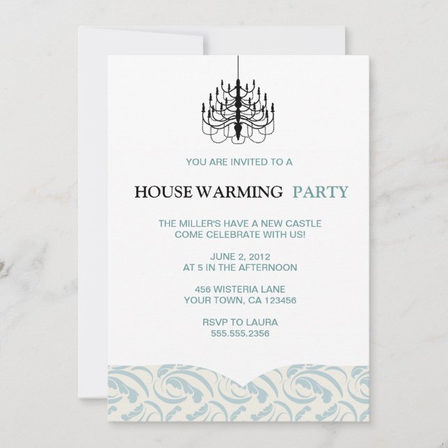 Teal Fern and Chandelier Housewarming Invitations (Front)