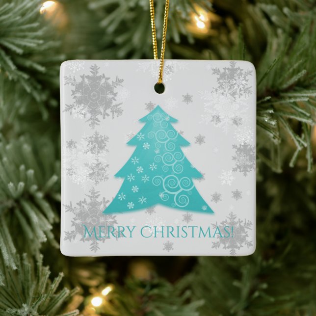 Teal Festive Christmas Tree Ceramic Ornament (Tree)
