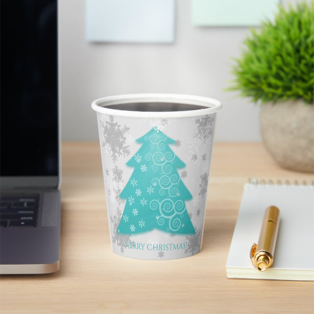 Teal Festive Christmas Tree Paper Cup (Insitu)