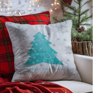 Teal Festive Christmas Tree Throw Pillow