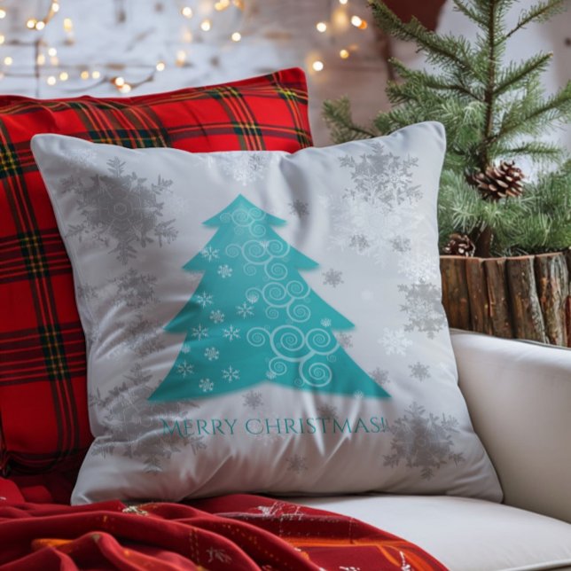 Teal Festive Christmas Tree Throw Pillow (Teal Festive Christmas Tree Throw Pillow)