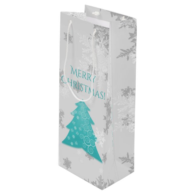 Teal Festive Christmas Tree Wine Gift Bag (Front Angled)