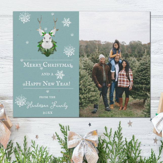 Teal Festive Reindeer Holiday Photo Card (Teal Festive Reindeer Holiday Photo Card)