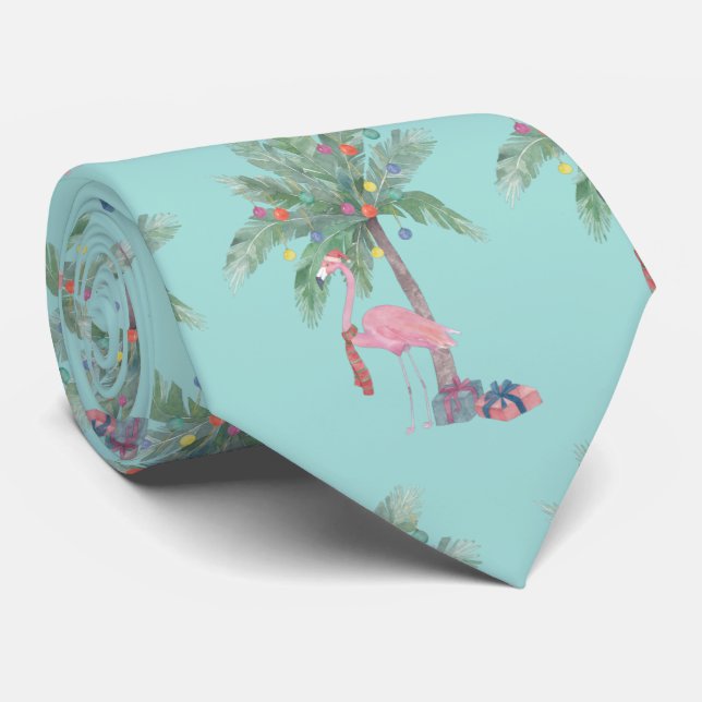 Teal Flamingo In Santa Hat with Palm Tree & Lights Tie (Rolled)