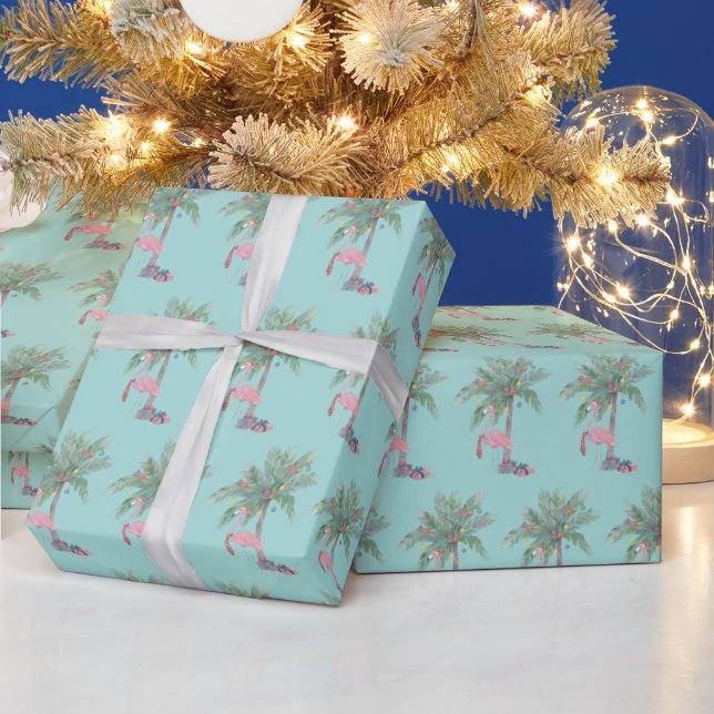 Teal Flamingo In Santa Hat with Palm Tree & Lights Wrapping Paper (Holidays)