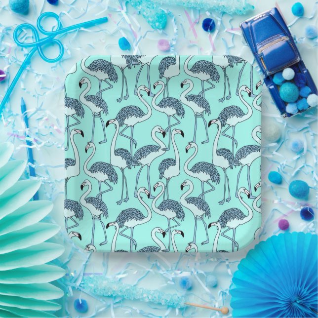 Teal Flamingo Pattern– Tropical Minimalist  Paper Plate (Party)