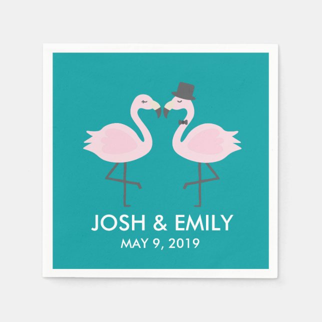 Teal Flamingo Wedding Bride & Groom Pair Napkin (Front)