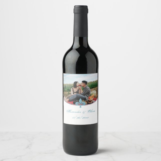 Teal Fleur de Lis Photo Wedding Wine Label (Front)