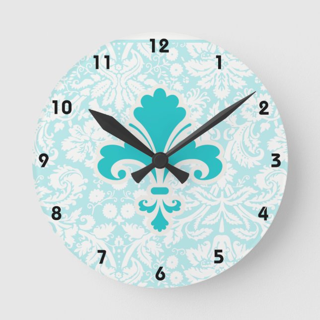 Teal Fleur de lis Round Clock (Front)