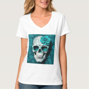 Teal Floral 3D Dead Skull wearing sunglasses T-Shirt