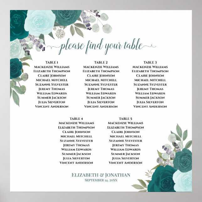 Teal Floral 5 Table Elegant Wedding Seating Chart (Front)