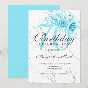 Teal Floral 70th Birthday Party Marble Invitation