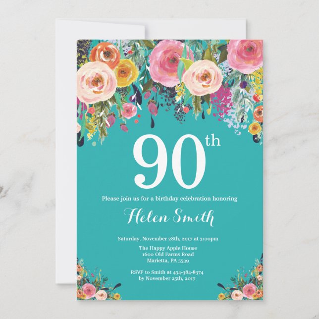 Teal Floral 90th birthday Birthday Invitation (Front)