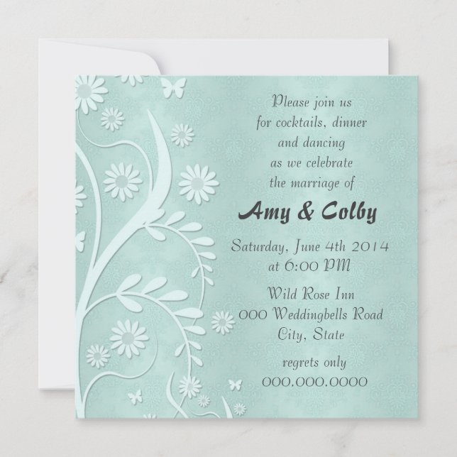 Teal Floral and Damask Wedding Reception Invitation (Front)
