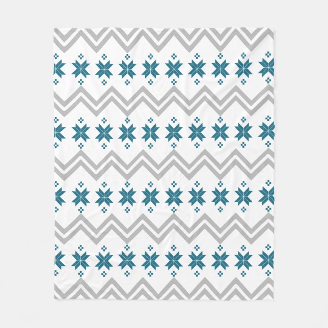 Teal Floral and Grey Nordic Chevrons Fleece Blanket (Front)