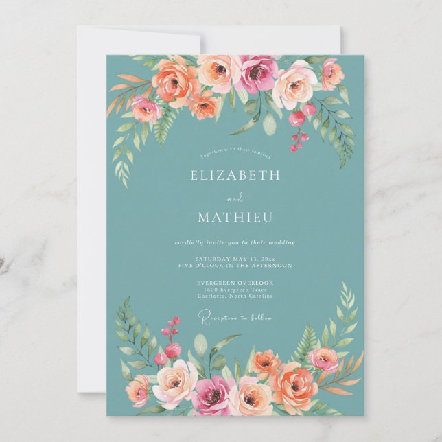 Teal Floral Arch Romance Wedding Invitation (Front)