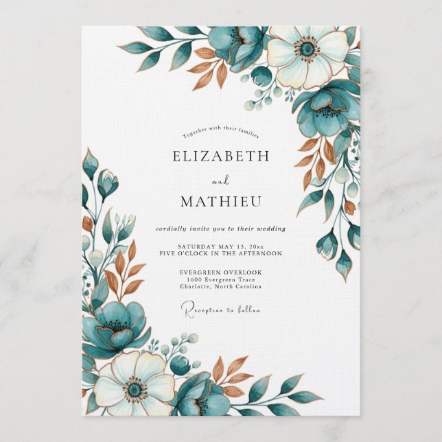 Teal Floral Artistic Romance Wedding Invitation (Front)