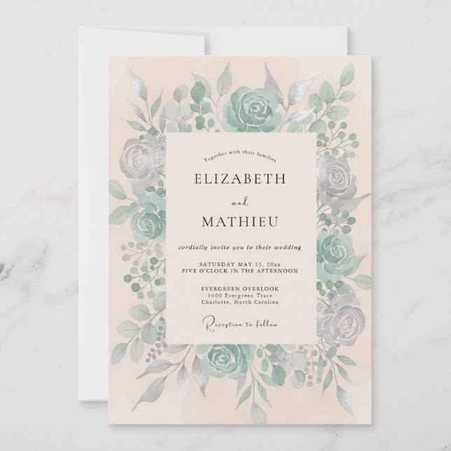 Teal Floral Artistry Wedding Invitation (Front)