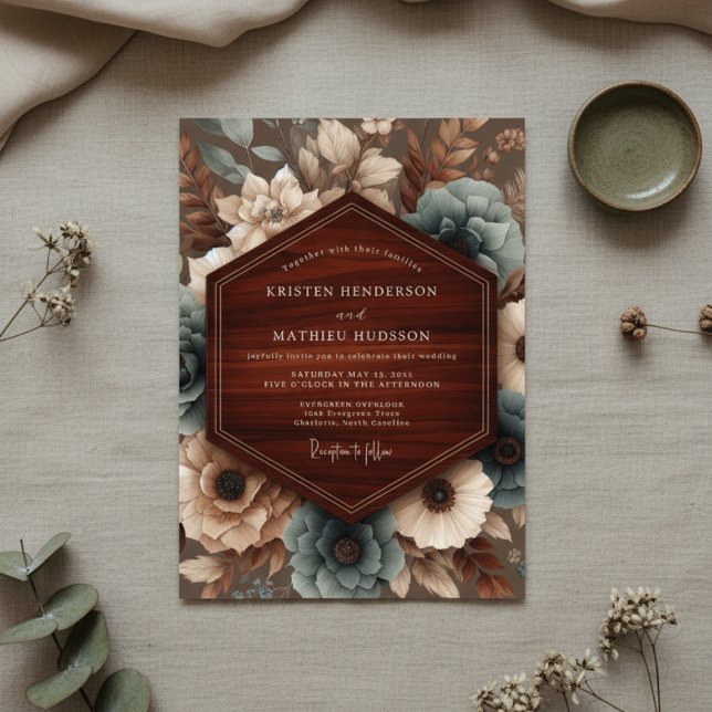Teal Floral Autumn Bloom Wedding Invitation (Creator Uploaded)