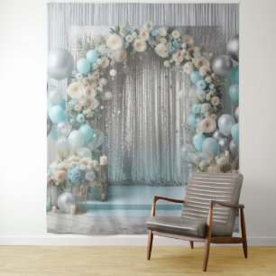 Teal Floral Balloon Arch Photo Backdrop Tapestry