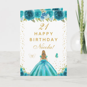 Teal Floral Blonde Hair Girl Birthday Card