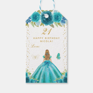 Teal Floral Blonde Hair Girl Happy Birthday Gift Tags