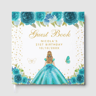 Teal Floral Blonde Hair Princess Birthday Party Guest Book