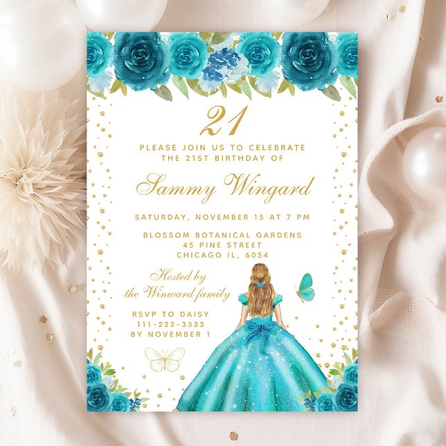 Teal Floral Blonde Hair Princess Birthday Party Invitation (Creator Uploaded)