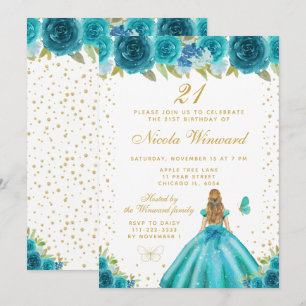 Teal Floral Blonde Hair Princess Birthday Party Invitation