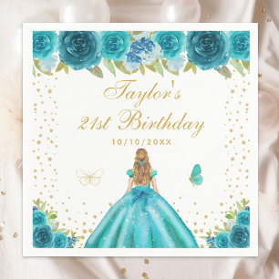 Teal Floral Blonde Hair Princess Birthday Party Napkin