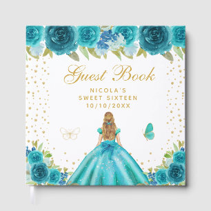 Teal Floral Blonde Hair Princess Sweet Sixteen Guest Book