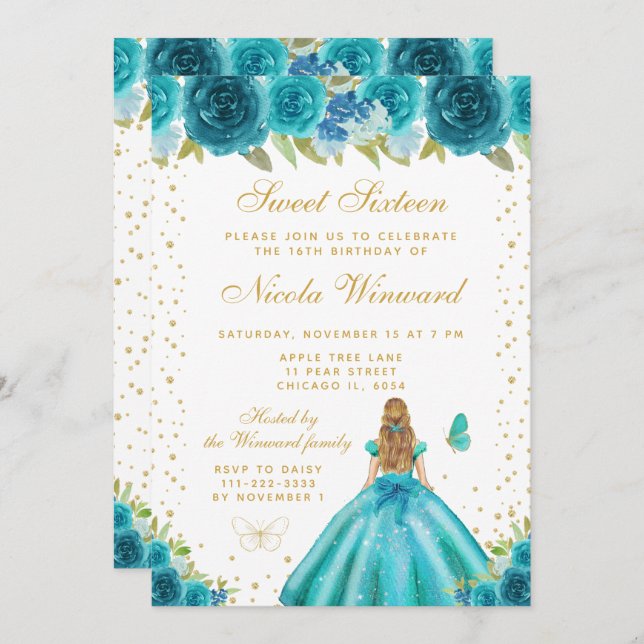 Teal Floral Blonde Hair Princess Sweet Sixteen Invitation (Front/Back)