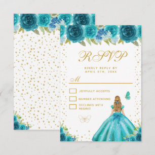 Teal Floral Blonde Hair Princess Sweet Sixteen RSVP Card