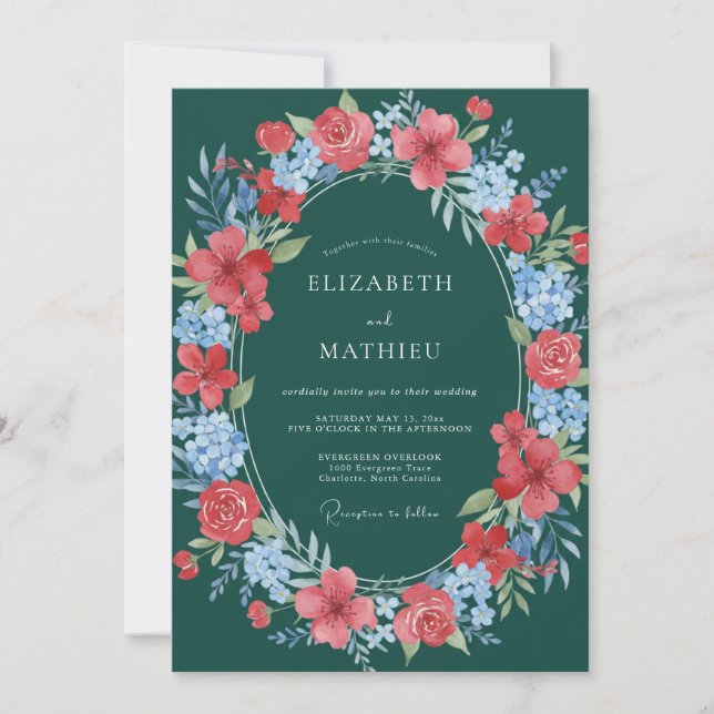 Teal Floral Blossom Wedding Invitation (Front)