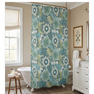 Teal Floral Boho Botanical Pattern Shower Curtain