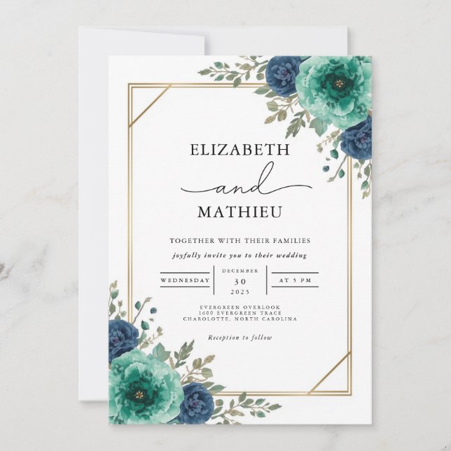 Teal Floral Border Wedding Invitation (Front)