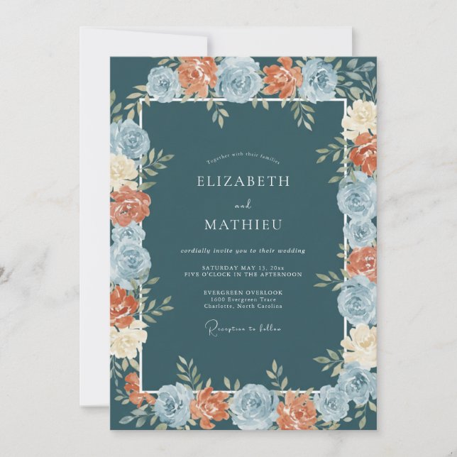 Teal Floral Border Wedding Invitation (Front)