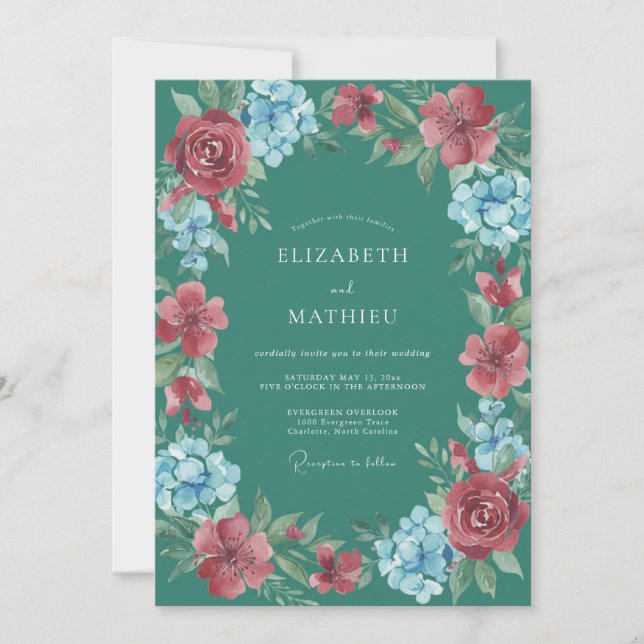 Teal Floral Botanical Bliss Wedding Invitation (Front)