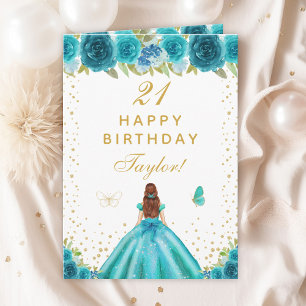 Teal Floral Brown Hair Girl Happy Birthday Card
