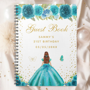 Teal Floral Brown Hair Princess Guest Book