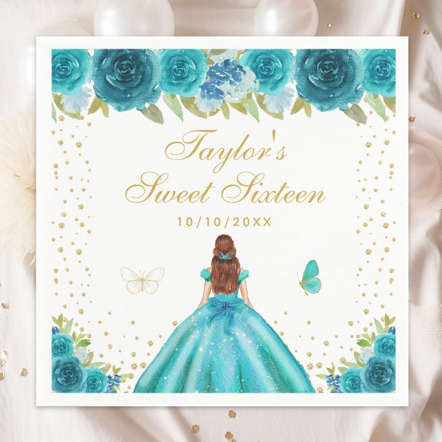 Teal Floral Brown Hair Princess Sweet Sixteen Napkin (Creator Uploaded)
