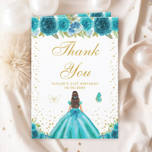 Teal Floral Brunette Hair Girl Birthday Party Thank You Card